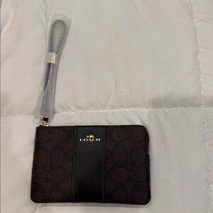 Coach Dark Brown Signature Wristlet with Black Center Stripe